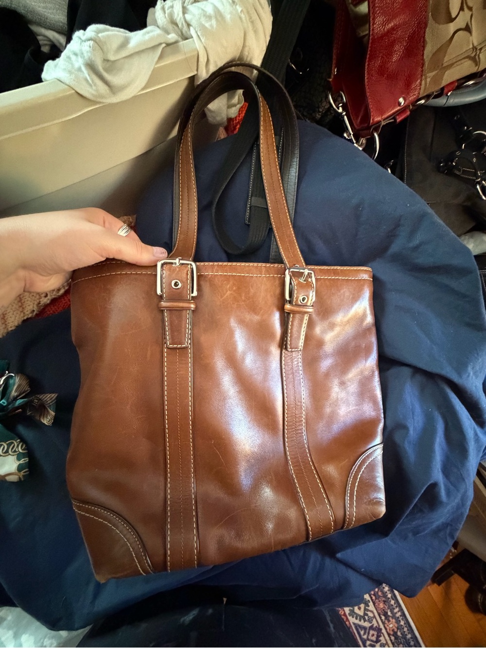 Brown Leather Tote Bag with Buckle-Strap Handles